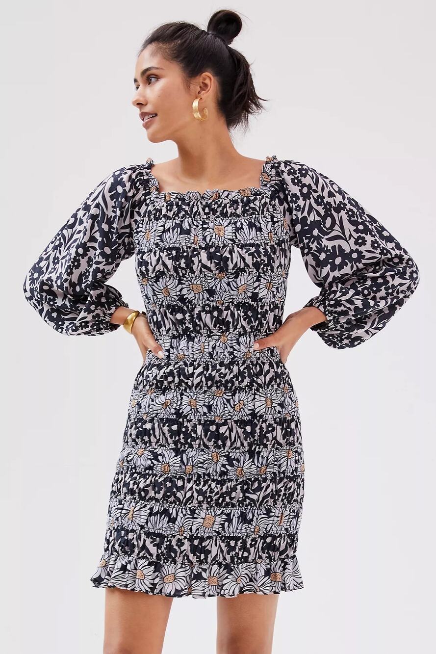 Anthropologie Forever That Girl Floral Ruched Puff Sleeve Mini Dress Size Medium